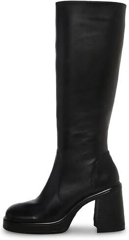SOVANYOU Black Leather Boots Platform Boots for Women Square Toe Chunky Block Heeled Boots in Kuwait