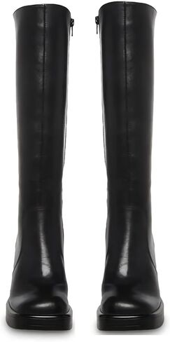 SOVANYOU Black Leather Boots Platform Boots for Women Square Toe Chunky Block Heeled Boots in Kuwait