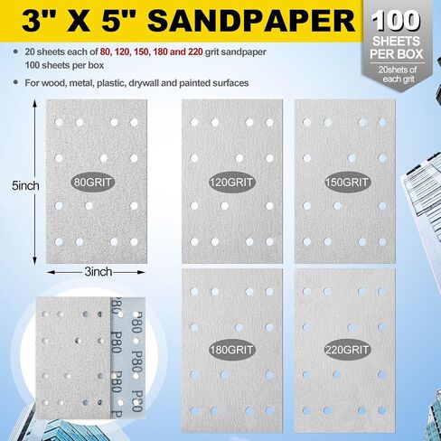 100 Pcs P180 Grit 3 x 5 (80 x133 mm) Rectangular Abrasive Sanding Sheets 14 Hole Sandpaper Compatible with Festool Rts 400 Rs400 Ls130 in Kuwait