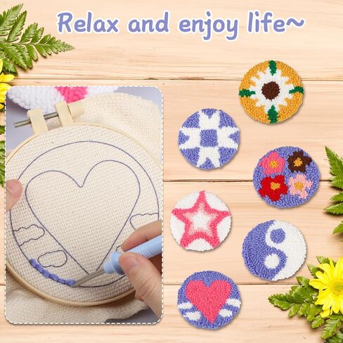 AIRDEA Punch Needle Coasters Kit,Casual Punch Needle Embroidery Complete Kits for Adults Beginner 3.29x3.29 Inches,Included All Accessories,DIY Car Coasters,Drink Coasters (Beige) in Saudi Arabia