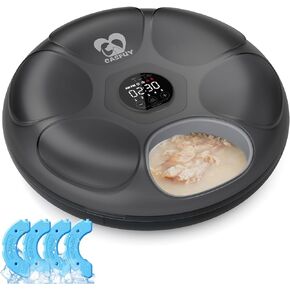 Casfuy Automatic Cat Feeder Cordless - Automatic Cat Food Dispenser with Stainless Steel Tray for Wet Food Rechargeable Auto Feeder for Cats Small Dogs with Programmable Timer Low Battery Indicator