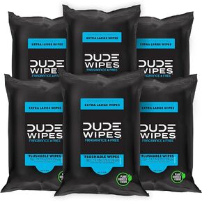 DUDE Wipes - Flushable Wipes Travel Pack - 6 Pack, 108 Wipes - Extra Large Unscented Wet Wipes with Vitamin E & Aloe - Septic and Sewer Safe Butt Wipes For Adults