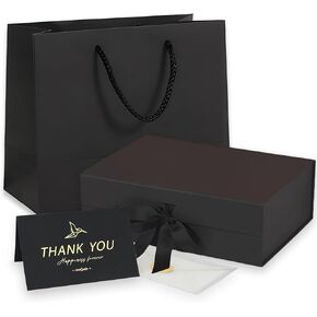 SCORYULE Medium Black Gift Box with Lid, Ribbon, Gift Bag and Greeting Card, 9.4x7x3 Inches, Magnetic Closure, Great for Birthdays, Weddings, Valentine's Day, Christmas Day