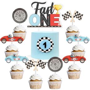 Fast One Birthday Decorations for Boys - 25pcs Race Car 1st Birthday Cake Topper Cupcake Toppers, Racing Car Birthday Cake Decorations for Vintage Fast One Retro Race Car Let's Go Racing Party