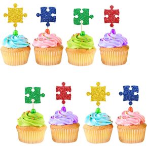 24pcs Puzzle Cupcake Toppers, Primary Colored Puzzle Cupcake Toppers, Colorful Glitter Puzzle Cake Decoration for Baby Shower, Kids Birthday/Autism Themed Party Supplies