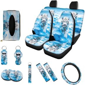 Poceacles Sunflower Butterfly Print 13PCS Car Seat Cover Full Set for Women, Universal Front and Rear Cover Steering Wheel Covers, Cup Coaster, Safety Belt Pads Auto Interior Accessories