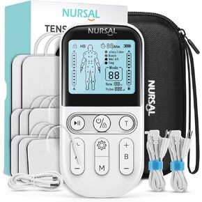 NURSAL Dual Channel 3-in-1 TENS Unit Muscle Stimulator, EVA Travel Case Electronic Pulse Massager, 24 Modes TENS EMS Machine, Muscle Massager for Shoulder, Neck, Sciatica and Back Pain Relief Therapy