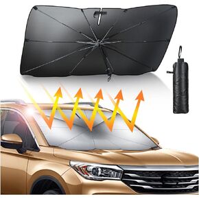Luckyliz Car Windshield Sun Shade Umbrella for Sedan SUV, [4 Layers Nano Coating][10 Fiberglass Ribs] UV Protection & Heat Insulation Foldable Automotive Front Window Sunshade (57"x31")