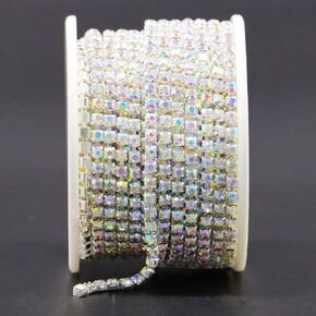 10 Yards 3MM Crystal Rhinestone Chain Trim Shiny Rhinestone Chain for Craft Jewelry Wedding Bouquet DIY Decoration, Sewing Close Chain Trim (3.0mm, Silver-AB)