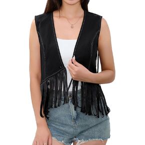 KOJOOIN Fringe Demin Western Vest For Women Sleeveless Tassel Cowboy 70s Hippie Singal Button Crop Outwear Vests