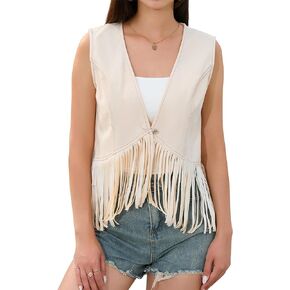 KOJOOIN Fringe Demin Western Vest For Women Sleeveless Tassel Cowboy 70s Hippie Singal Button Crop Outwear Vests