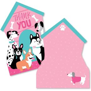 Big Dot of Happiness Pawty Like a Puppy Girl - Shaped Cards - Pink Dog Baby Shower or Birthday Party Thank You Note with Envelopes - Set of 12