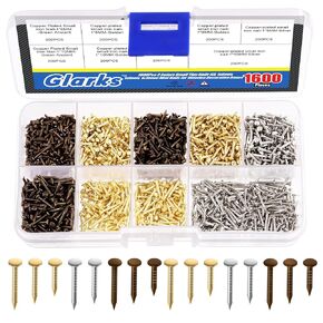 Glarks 1600Pcs Small Tiny Nails Kit Wooden Screw Nail Gold Silver Bronze 1x6mm, 1x8mm 1x10mm Mini Nails for DIY Hardware Accessories Fixed Installation