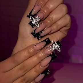 IMSOHOT Square Press on Nails Long Fake Nails Black French Tips Glossy False Nails with Wave Designs Full Cover Acrylic Nails for Women 24Pcs