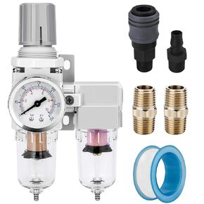 NANPU 3/8" NPT Air Dryer System - 5 Micron Particulate Filter, 0.5 Micron Coalescing Filter & Air Pressure Regulator, Water Trap Separator - Semi-Auto Drain,0-150 psi Gauge, Poly Bowl, Metal Bracket