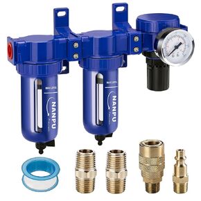 NANPU Zinc Alloy Air Drying System - Double 5 Micron Particulate Filters＆Air Pressure Regulator Combo, 0-150 psi Gauge, Quick Release Bowl, Manual Drain, Metal Bracket（1/4" NPT）