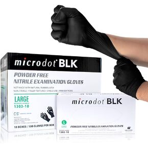 microdot BLK Black Nitrile Exam Gloves | Latex and Powder Free | Medical, Food, Police, EMS, Salon, Tattoo| Black Exam Glove