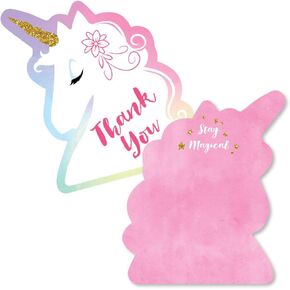 Rainbow Unicorn - Shaped Thank You Cards - Magical Unicorn Baby Shower or Birthday Party Thank You Note Cards with Envelopes - Set of 12