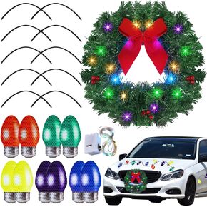 Christmas Car Wreath Magnetic Decorations Set with Artificial Car Wreath LED Light Reflective Bulb Light Shaped Car Magnets and Magnet Wires for Xmas Winter Party Car Garage Mailbox Decor (Red Berry)