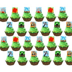 48 pcs Pixel Cupcake Toppers and Wrappers - 24 Cupcake Toppers and 24 Wrappers - Pixel Party Supplies - Pixel Party Decorations - Cupcake
