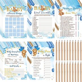 125 Pcs Bear Baby Shower Games for Boy Girl 5 Game Activities Bear Cards with 20 Pencils Includes Baby Bingo Guess Who Baby Price is Right Description Word Scramble Game(Blue)