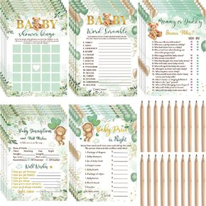 125 Pcs Bear Baby Shower Games for Boy Girl 5 Game Activities Bear Cards with 20 Pencils Includes Baby Bingo Guess Who Baby Price is Right Description Word Scramble Game(Blue)