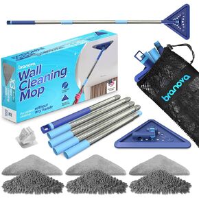 BRANOVA 85" Extendable Wall Cleaner Mop - 360° Rotatable Ceiling Cleaner, Baseboard Cleaner Tool with Handle, Wall Duster with 6 Reusable Mop Pads & Wall Mop Holder - Triangle Mop for Walls and Floors