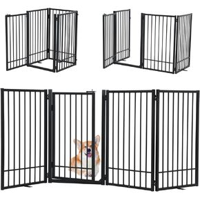SMONTER Free Standing Dog Gate with Door Walk Through, 80.5'' Extra Wide Indoor Dog Fence, 31.5'' H 4 Panels Foldable Metal Pet Puppy Gate for Stairs, Hallways, Doorway, White