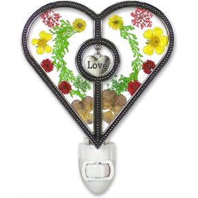 BANBERRY DESIGNS Heart Shaped Nightlight with Pressed Flowers - Hanging Engraved Love Charm - Decorative Night Light - Baby Night Light