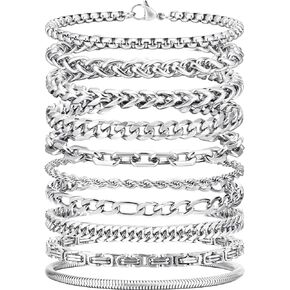 VNOX Silver Chain Bracelet for Men - 10 Pcs Solid Stainless Steel Rope/Figaro/Paperclip/Cuban Link/Snake Curb Chunky Chain Bracelet Set Wrist Band for Men Women Boys,Mens Jewelry Set
