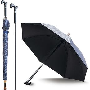 2-in-1 Walking Sticks Umbrella - Windbreak Ribs Walking Cane Umbrella Lightweight, Heavy-Duty Frame- Ideal Father's Gift for Climbing, Hiking, Hanging Out on Raining (Blue Stripe Extra Long)