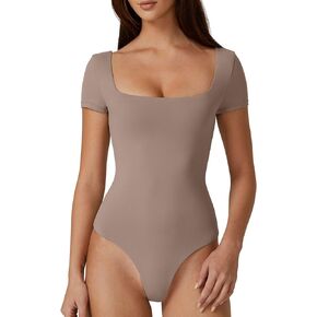 QINSEN Women's Square Neck Short Sleeve Double-Layer Bodysuit Fashion T-Shirt Tops
