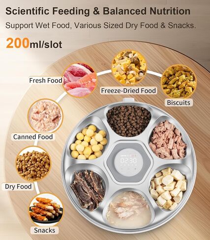 Casfuy Automatic Cat Feeder Cordless - موزع طعام القطط التلقائي مع صينية من الفولاذ المقاوم للصدأ للطعام الرطب، وحدة تغذية تلقائية قابلة لإعادة الشحن للقطط والكلاب الصغيرة مع مؤقت قابل للبرمجة ومؤشر بطارية منخفض in Kuwait
