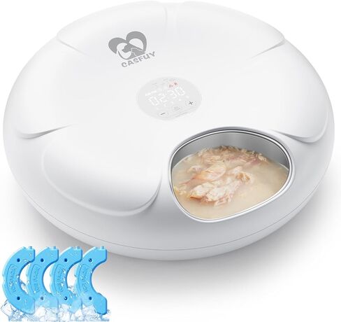 Casfuy Automatic Cat Feeder Cordless - موزع طعام القطط التلقائي مع صينية من الفولاذ المقاوم للصدأ للطعام الرطب، وحدة تغذية تلقائية قابلة لإعادة الشحن للقطط والكلاب الصغيرة مع مؤقت قابل للبرمجة ومؤشر بطارية منخفض in Kuwait
