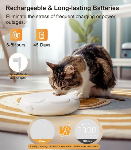 Casfuy Automatic Cat Feeder Cordless - موزع طعام القطط التلقائي مع صينية من الفولاذ المقاوم للصدأ للطعام الرطب، وحدة تغذية تلقائية قابلة لإعادة الشحن للقطط والكلاب الصغيرة مع مؤقت قابل للبرمجة ومؤشر بطارية منخفض in Kuwait