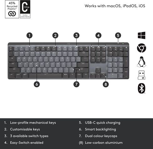 Logitech MX Mechanical Mini Wireless Illuminated Keyboard, Clicky Switches, Backlit, Bluetooth, USB-C, macOS, Windows, Linux, iOS, Android, Metal (Renewed) in Saudi Arabia