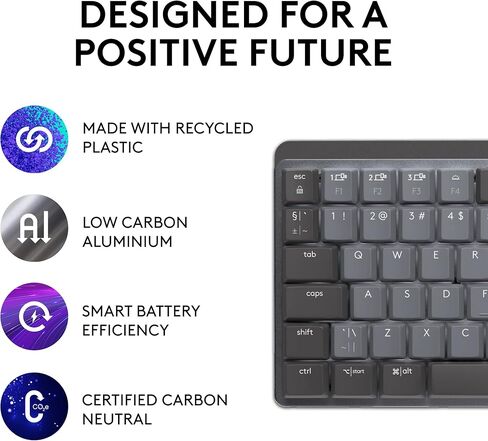 لوحة مفاتيح Logitech MX الميكانيكية الصغيرة اللاسلكية المضيئة، مفاتيح Clicky، إضاءة خلفية، بلوتوث، USB-C، macOS، Windows، Linux، iOS، Android، معدن (متجدد) in Saudi Arabia