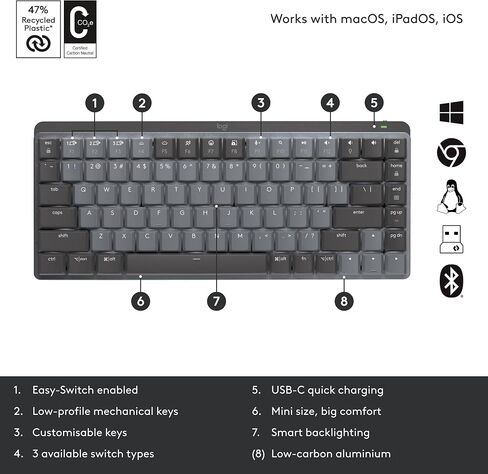 لوحة مفاتيح Logitech MX الميكانيكية الصغيرة اللاسلكية المضيئة، مفاتيح Clicky، إضاءة خلفية، بلوتوث، USB-C، macOS، Windows، Linux، iOS، Android، معدن (متجدد) in Saudi Arabia