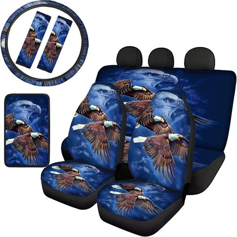 TOADDMOS Bald Eagle Car Seat Covers Full Set 8pc Front and Rear Bench Seat Covers Universal Fit for Most Cars,Sedans,Trucks or Vans with Steering Wheel Cover Seat Belt Cover,Auto Center Console Pad in Saudi Arabia