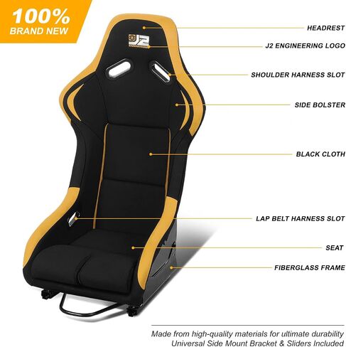 ‎J2 Engineering J2-RS-001-BL Pair of Universal Fixed Position Bucket Racing Seat w/Side Mount Brackets & Sliders for 4 or 5 point Harness, Black/Blue in Saudi Arabia