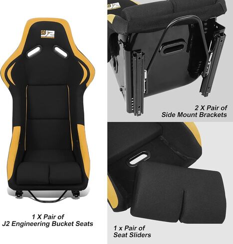 ‎J2 Engineering J2-RS-001-BL Pair of Universal Fixed Position Bucket Racing Seat w/Side Mount Brackets & Sliders for 4 or 5 point Harness, Black/Blue in Saudi Arabia