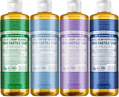 دكتور برونرز - مجموعة متنوعة من الصابون السائل القشتالي النقي - اللوز، الخزامى، الأطفال غير المعطرين، والنعناع، ​​مصنوع بالزيوت العضوية، 18 في 1 استخدامات: الوجه، الجسم، الشعر، الغسيل، الحيوانات الأليفة، الأطباق، إلخ. ( 16 أونصة، 4 عبوات) in Kuwait