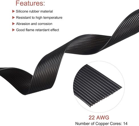 MECCANIXITY 22AWG Silicone Ribbon Cable 14Pin 22 Gauge Flat Cable Flexible Silicone Wire 6m/19.6ft Black Stranded Tinned Copper Wire for Model Plane, Model Car, Electric Appliance in Saudi Arabia