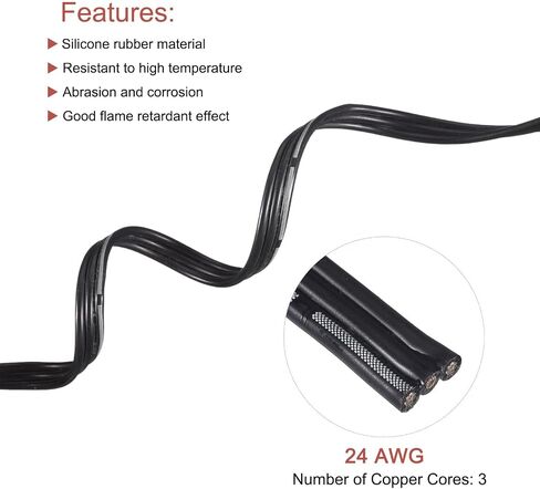 MECCANIXITY 24AWG كابل الشريط السيليكون 3Pin 24 قياس كابل مسطح سلك السيليكون المرن 3m / 9.8ft سلك نحاسي أسود مجدول لطائرة نموذجية، سيارة نموذجية، جهاز كهربائي in Kuwait