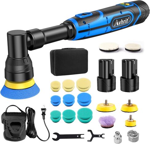 Avhrit Mini Car Polisher, Cordless Orbital Buffer with 2 Batteries Pads Kit, 5 Variable Speed 2500-6500RPM for Car Detailing 1 Inch, 1.5 Inch, 2 Inch Pads in Kuwait