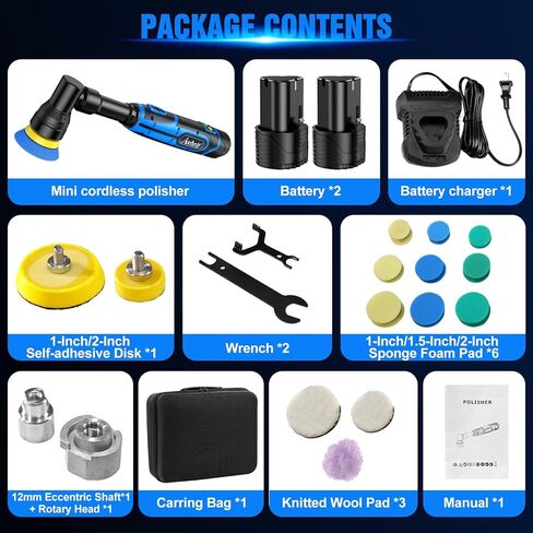 Avhrit Mini Car Polisher, Cordless Orbital Buffer with 2 Batteries Pads Kit, 5 Variable Speed 2500-6500RPM for Car Detailing 1 Inch, 1.5 Inch, 2 Inch Pads in Kuwait