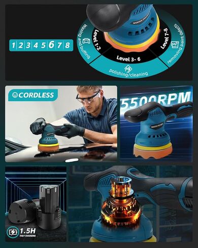 جهاز تلميع لاسلكي، جهاز تلميع عازل لاسلكي مع قطعتين بطارية قابلة لإعادة الشحن بقوة 20 أمبير في الساعة، عازل سيارة لاسلكي 8 سرعات متغيرة، مخازن مؤقتة للسيارة لاسلكية وملمعات للمخزن المؤقت/جهاز التلميع/الصنفرة in Kuwait