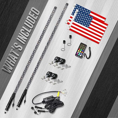 Yiswhis 2 قطعة 3FT RGBW LED ضوء سوط حلزوني، مطاردة اللون - التحكم عن بعد والتطبيق مع إشارة الانعطاف ووظائف ضوء الفرامل، لشاحنات SXS UTV Polaris RZR Can-Am Dune Buggy 4x4 in Saudi Arabia