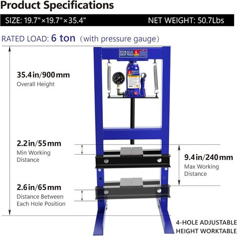 PULLAFUN Hydraulic Press, 6-Ton Benchtop Hydraulic Shop Press with Pressure Gauge, H-Frame Garage Floor Press, Adjustable Working Table Height, Blue in Saudi Arabia