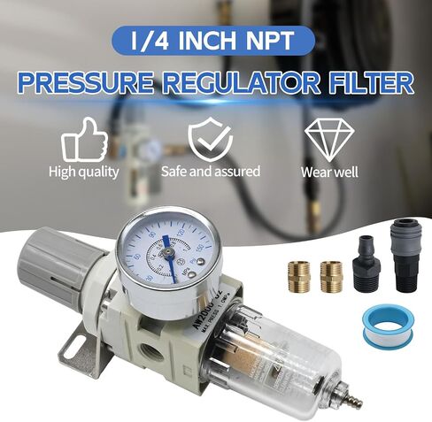 1/4 in. NPT Compressed Air Filter Regulator, Air Compressor Water Separator Combo Piggyback, 5 Micron Brass Element, 0-150 psi Gauge W/Air Coupler＆ Plug Kit, Thread Seal Tape in Saudi Arabia
